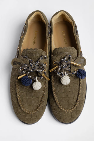 Cyprus Boat Shoe Olive Croco Suede Loafer Larroudé