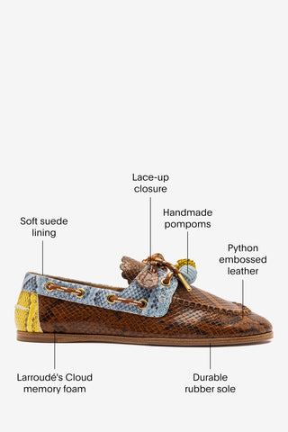 Cyprus Boat Shoe In Oud, Maya and Lemonade Python Embossed Leather Loafer Larroudé
