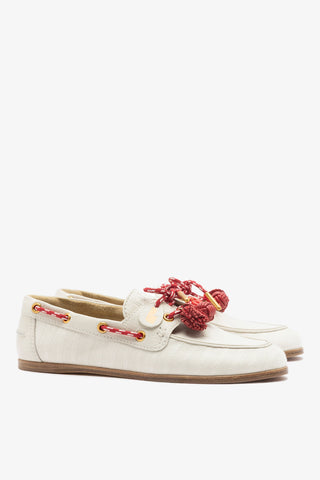 Cyprus Boat Shoe Ivory Striped Canva Loafer Larroudé
