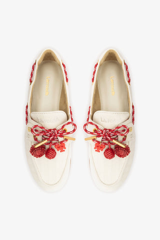 Cyprus Boat Shoe Ivory Striped Canva Loafer Larroudé