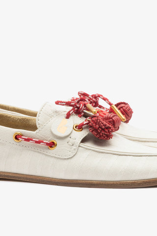 Cyprus Boat Shoe Ivory Striped Canva Loafer Larroudé