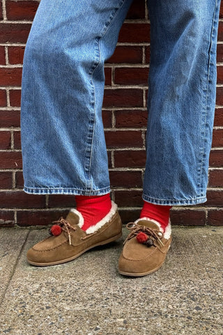 Cyprus Boat Shoe In Russet Suede and Natural Shearling Loafer Larroudé