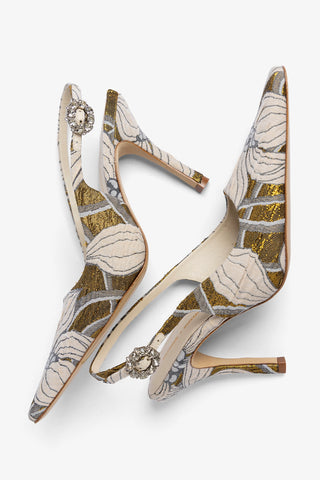 Larroudé by Markarian: Carine Pump Gold Floral Jacquard Pump Larroudé x Markarian
