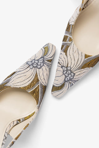 Larroudé by Markarian: Carine Pump Gold Floral Jacquard Pump Larroudé x Markarian