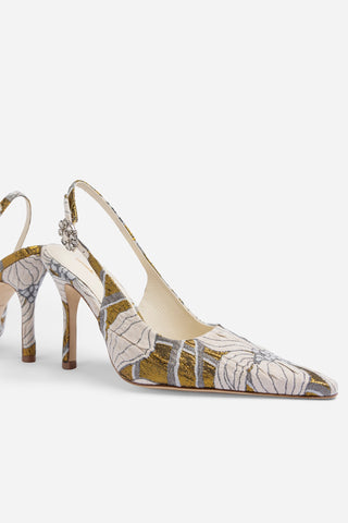 Larroudé by Markarian: Carine Pump Gold Floral Jacquard Pump Larroudé x Markarian