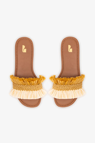 Bahia Fringe Flat In Beige And Peanut Raffia