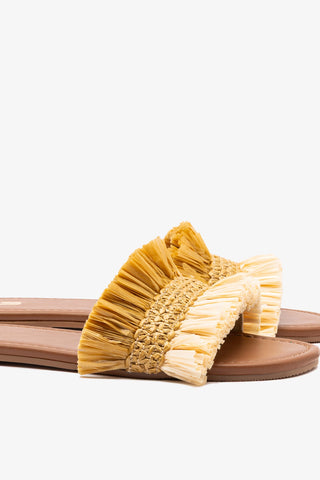 Bahia Fringe Flat In Beige And Peanut Raffia