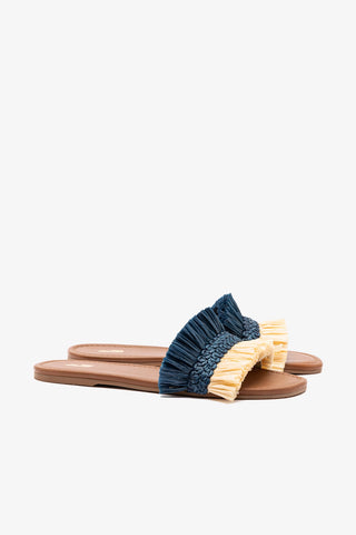 Bahia Fringe Flat In Beige And Navy Raffia