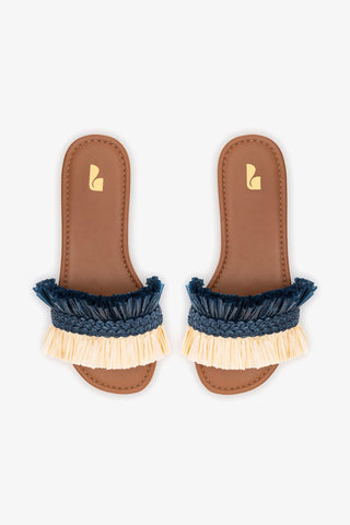Bahia Fringe Flat In Beige And Navy Raffia