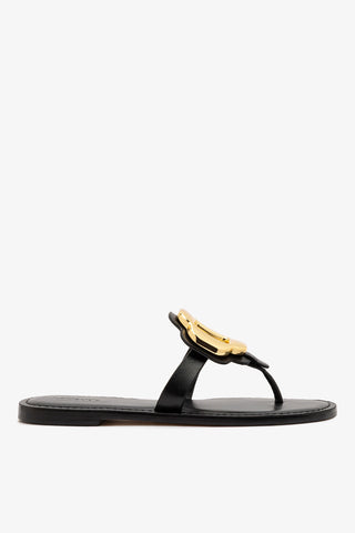 Margherita Thong Sandal in Black Leather and Gold Hardware Flat - Sandal Larroudé