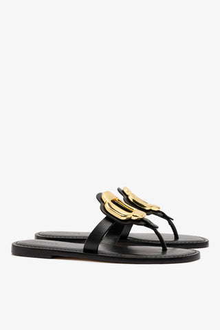 Margherita Thong Sandal in Black Leather and Gold Hardware Flat - Sandal Larroudé