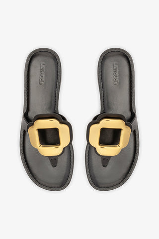 Margherita Thong Sandal in Black Leather and Gold Hardware Flat - Sandal Larroudé