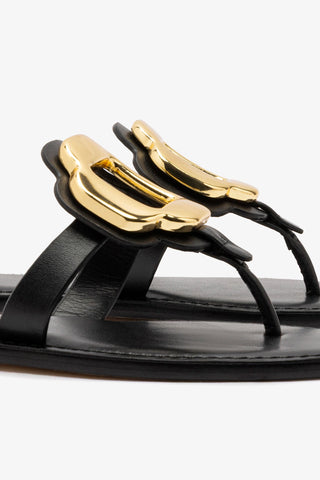 Margherita Thong Sandal in Black Leather and Gold Hardware Flat - Sandal Larroudé