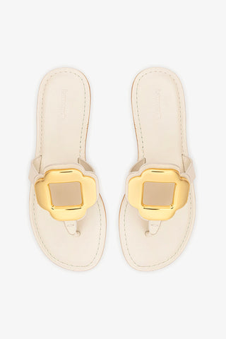 Margherita Thong Sandal in Ivory Leather and Gold Hardware Flat - Sandal Larroudé