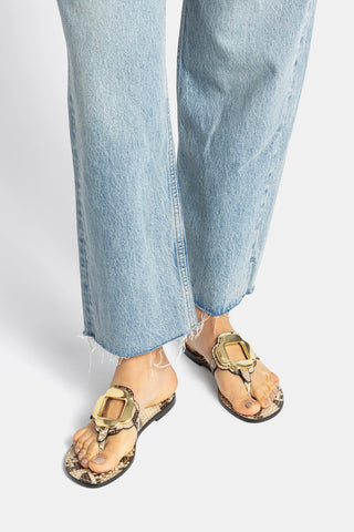 Margherita Thong Sandal in Neutral Snake Leather and Gold Hardware Flat - Sandal Larroudé