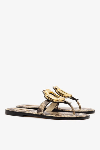 Margherita Thong Sandal in Neutral Snake Leather and Gold Hardware Flat - Sandal Larroudé