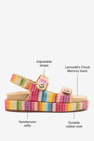 Jetty Sandal In Rainbow Raffia and Beige Leather Flat - Sandal Larroudé