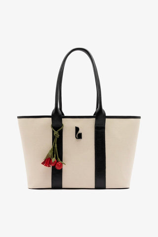 City Tote Bag Natural Canvas and Black Leather Bag Larroudé