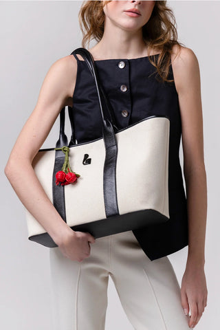 City Tote Bag Natural Canvas and Black Leather Bag Larroudé