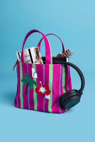 Poppy Mini Tote Bag In Pink And Emerald Raffia