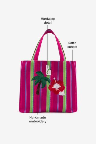 Poppy Mini Tote Bag In Pink And Emerald Raffia