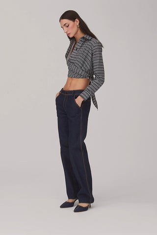 Rose Wrap Top In Black and White Striped Cotton Clothing Larroudé x Jonathan Cohen