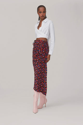 Ayesha Pleated Wrap Skirt In Black Floral Silk