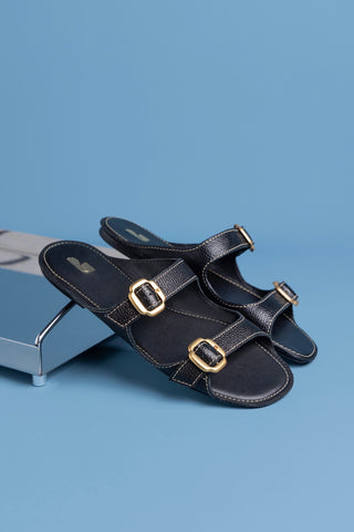 Amalfi Flat Black Leather Flat - Sandal Larroudé