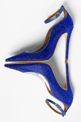 Larroudé by Sergio Hudson: Addison Pump Electric Blue Satin and Crystals Sandal Larroude x Sergio Hudson