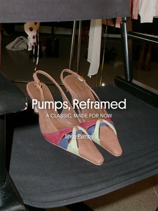 Larroudé pointed-toe pumps in tan suede with burgundy, blue, and pale green color-blocked panels.