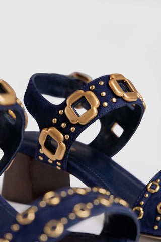 Milan Studs Block Sandal In Navy Suede