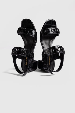 Milan Block Sandal In Black Croc Printed Leather