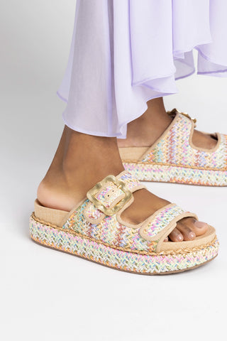 Maui Slide In Tapestry Rainbow Raffia and Beige Trimming Flat - Sandal Larroudé