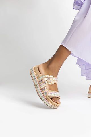 Maui Slide In Tapestry Rainbow Raffia and Beige Trimming Flat - Sandal Larroudé