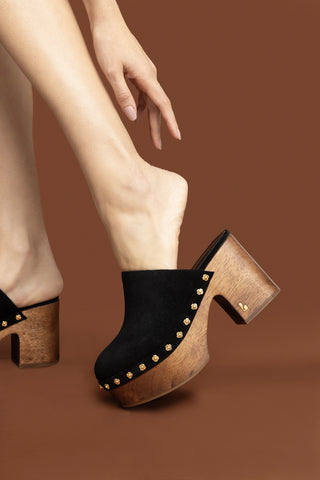 Miso Wooden Platform Clog In Black Suede