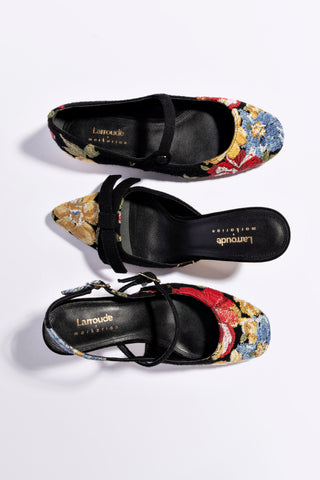 Larroudé x Markarian Flat In Black Wool and Floral Embroidery