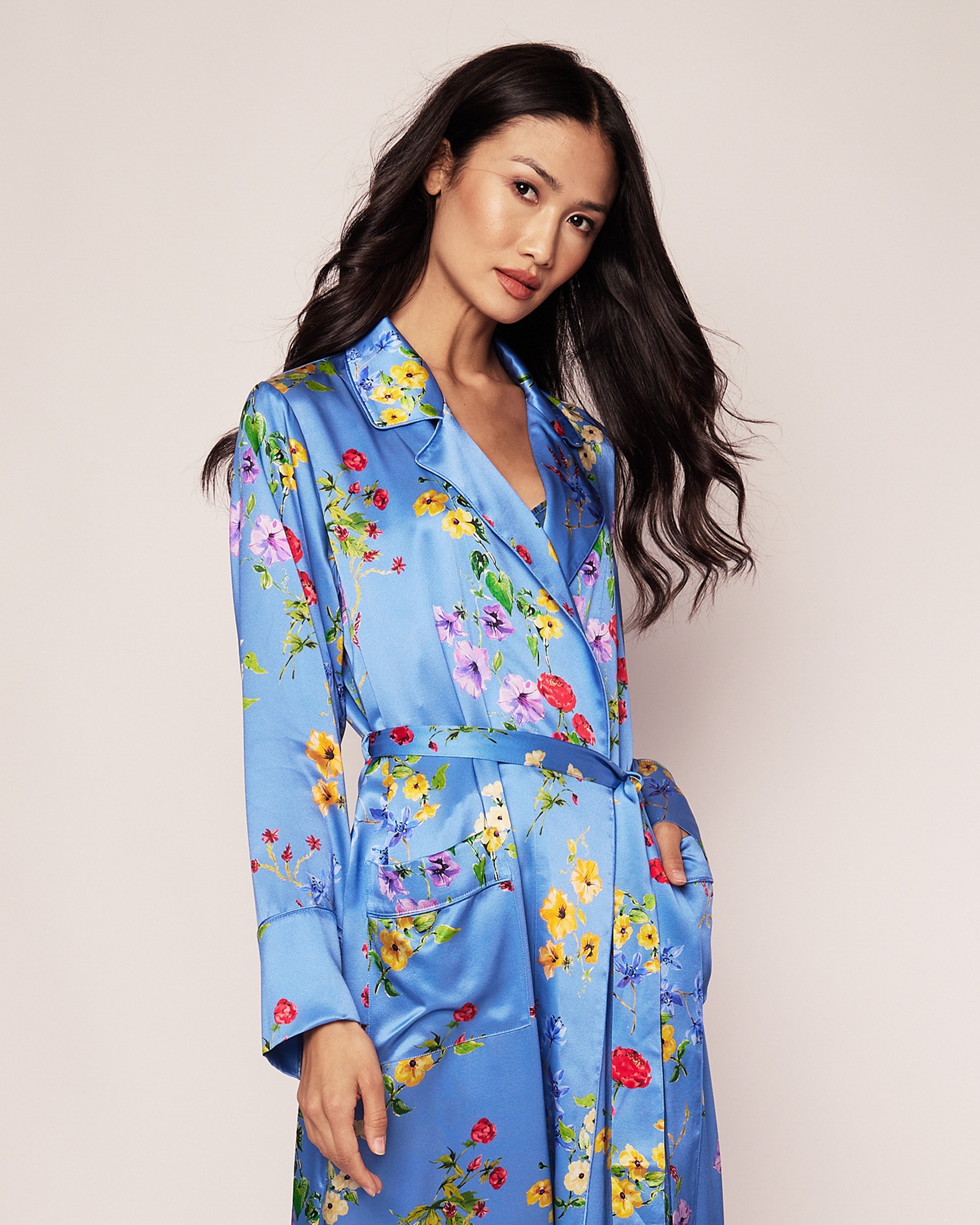 Women's Silk Robe in Azure Brilliant Botanical