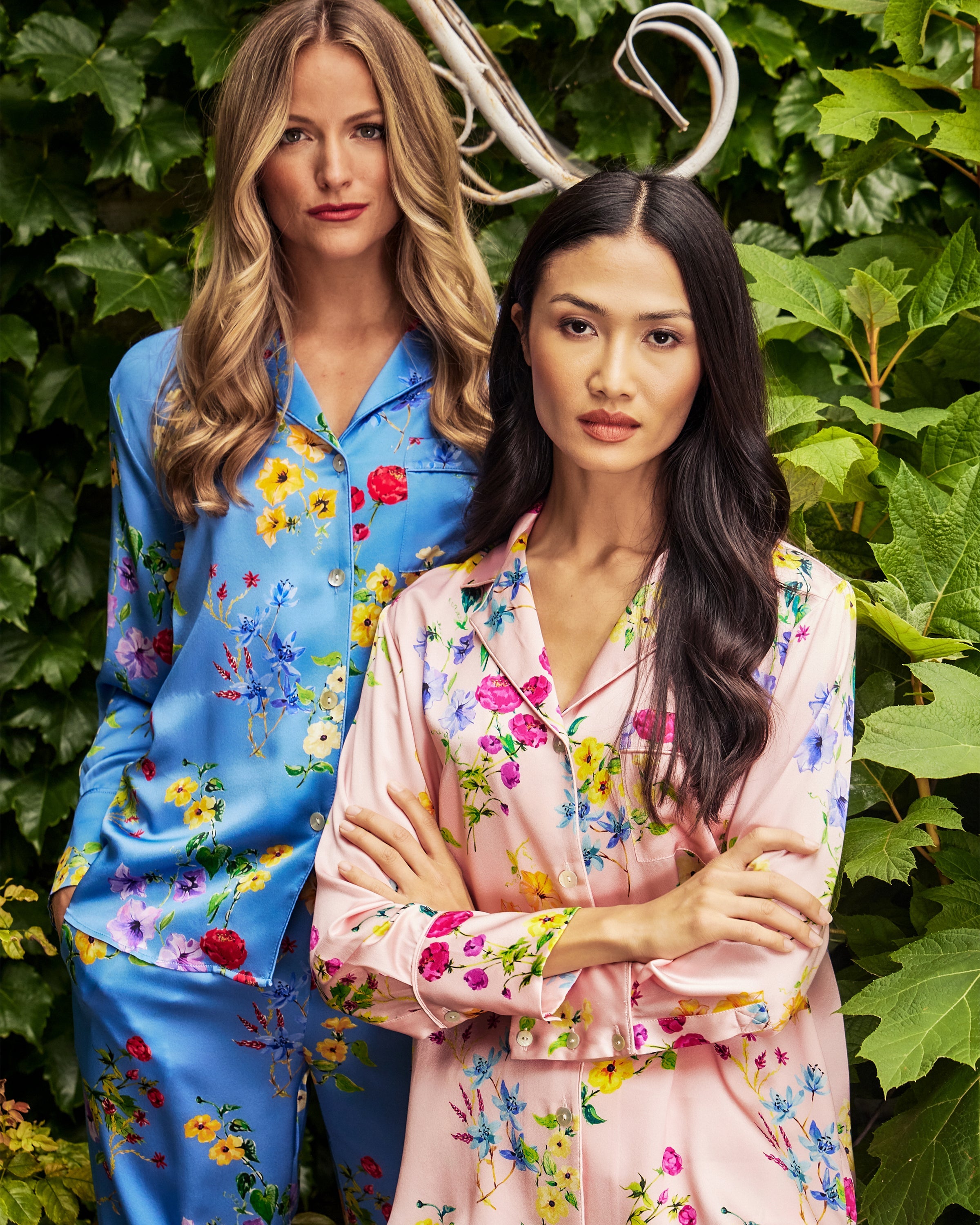 Women's Silk Pajama Set in Brilliant Botanical Azure