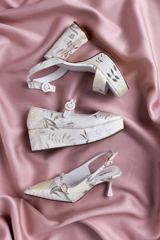 Larroudé x Markarian Dolly Sandal In Yvette Ivory Brocade
