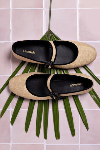 Verona Ballet Flat In Beige Raffia and Black Trimming