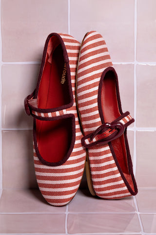Verona Ballet Flat In Tulip and Carmine Striped Fabric and Burgundy Trimming Ballet Larroudé