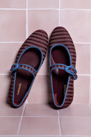 Verona Ballet Flat In Wine Striped Fabric and Blue Stoned Trimming Ballet Larroudé
