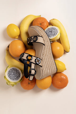 Milan Espadrille In Beige Raffia and Black Trimming