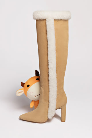 Cindy Hi Faux Fur Boot In Peanut Suede and Natural Shearling