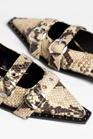 Patti Flat Beige Snake Leather Flat Larroudé