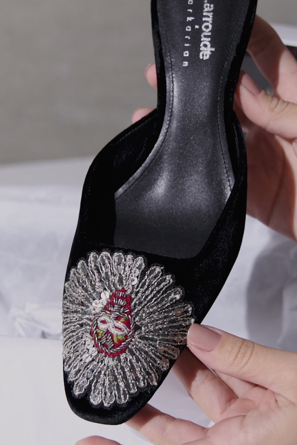 Larroudé x Markarian Mule In Black Velvet and Heart Embroidery