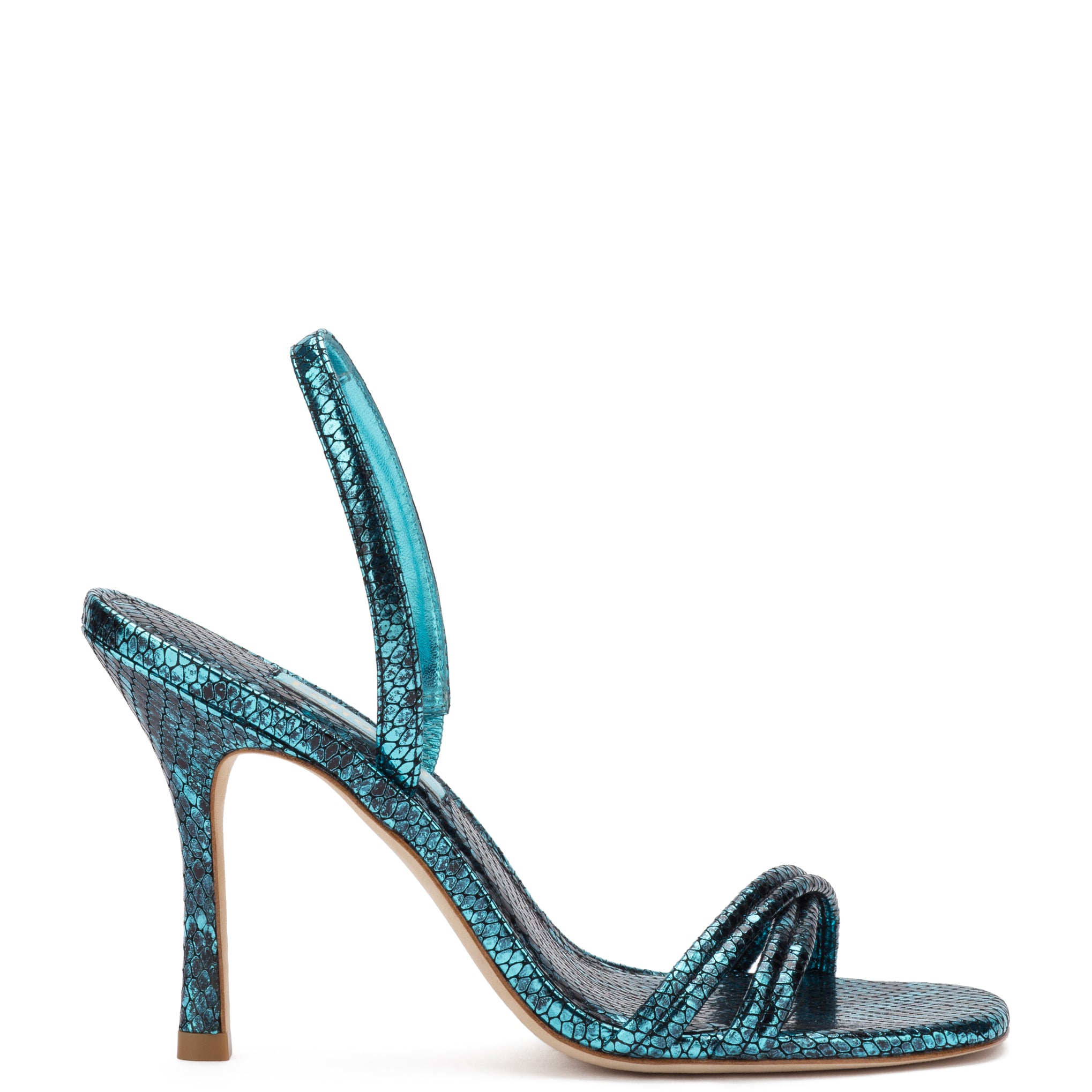 Annie Sandal In Aqua Metallic Stamped Leather