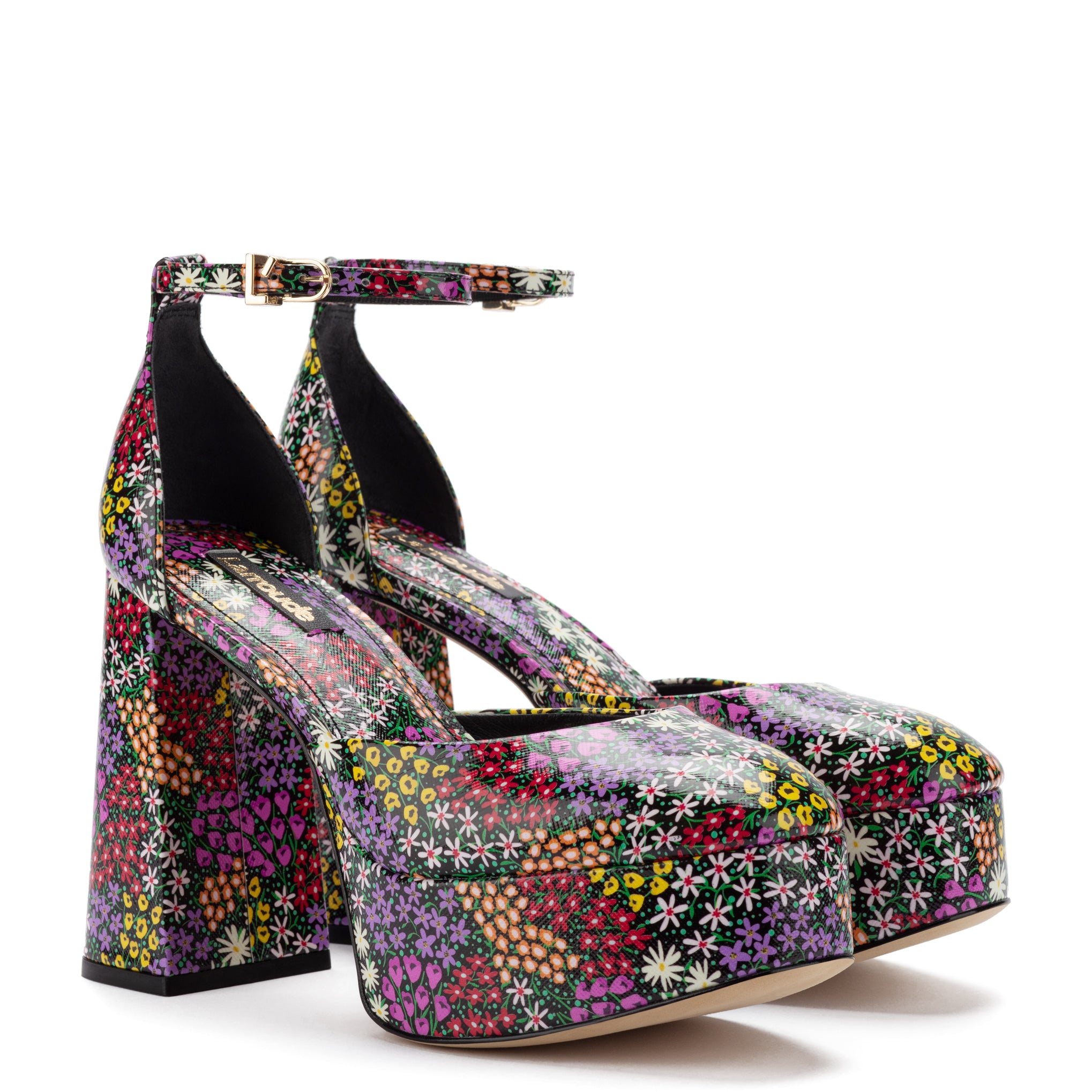 Ari Pump In Black Mixed Flowers Print Saffiano Patent Leather