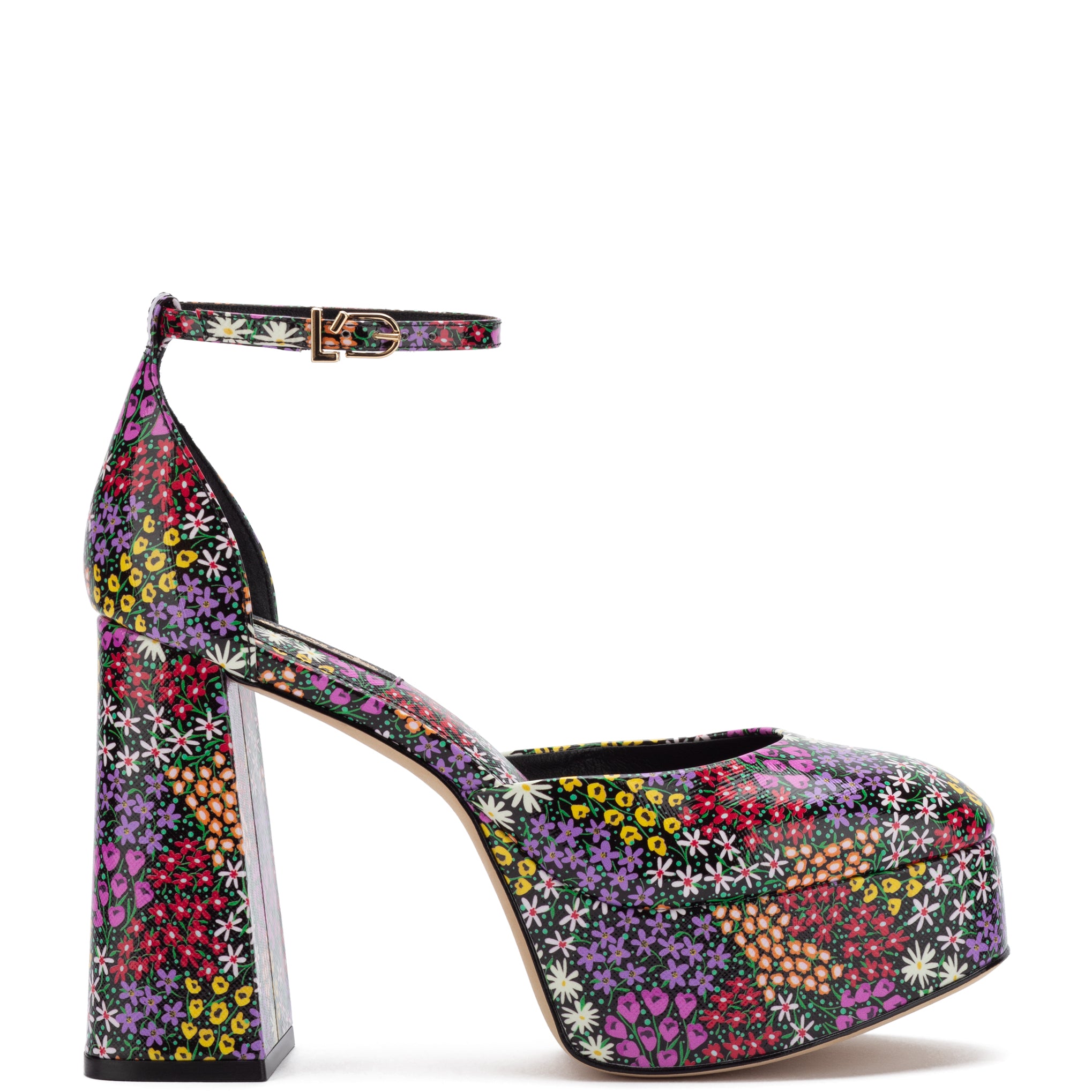 Ari Pump In Black Mixed Flowers Print Saffiano Patent Leather