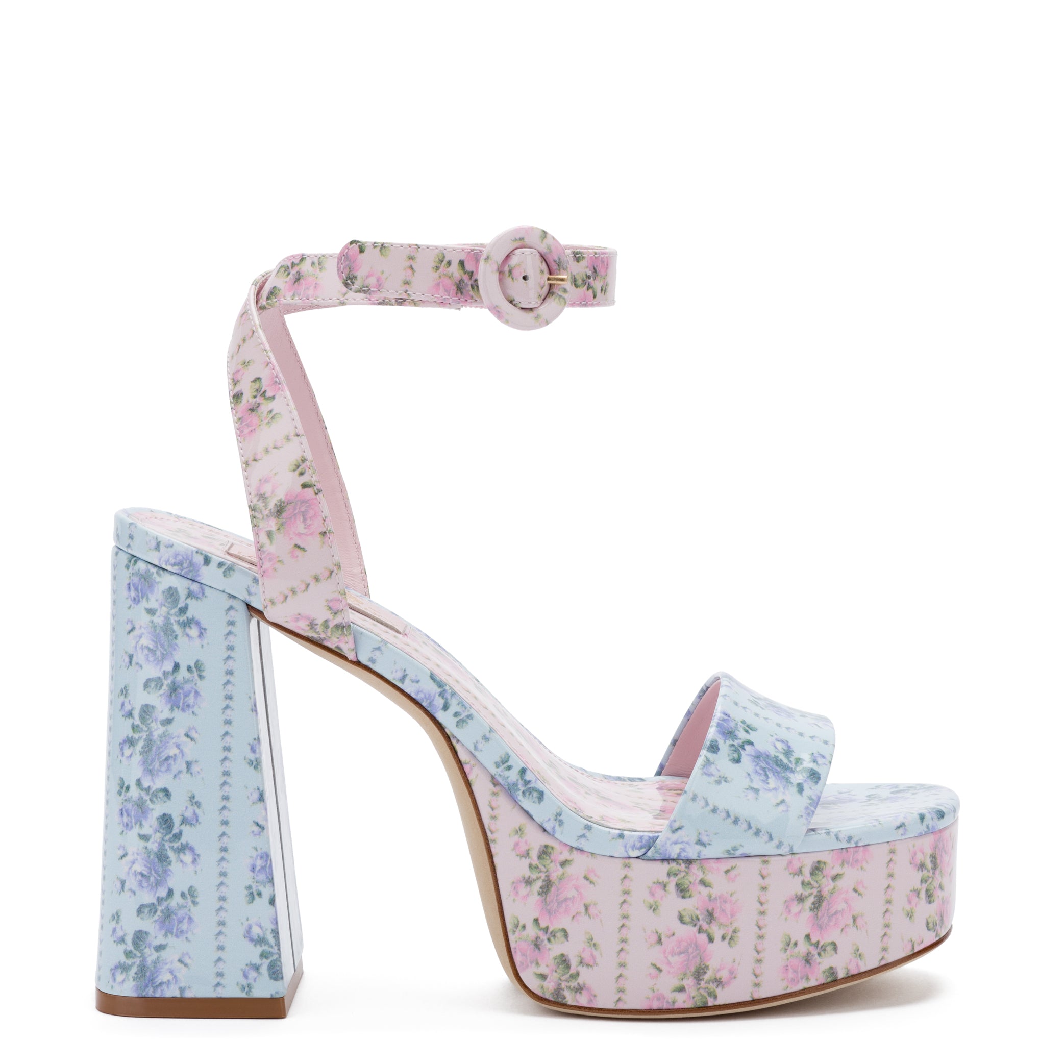 Larroudé for LoveShackFancy: Dolly Sandal In Rose Cerulian Blue and Blushing Pink Patent